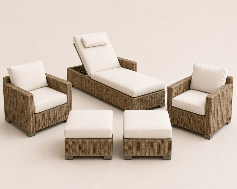 Outdoor Chaise Lounge + 2 Lounge Chairs + 2 Ottomans
