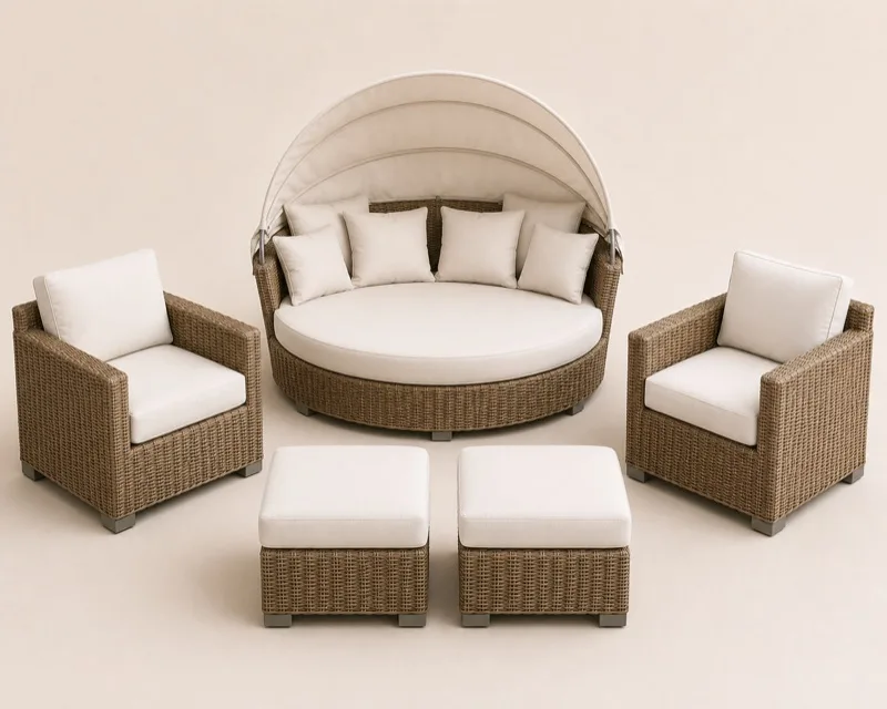 Outdoor Daybed + 2 Lounge Chairs + 2 Ottomans